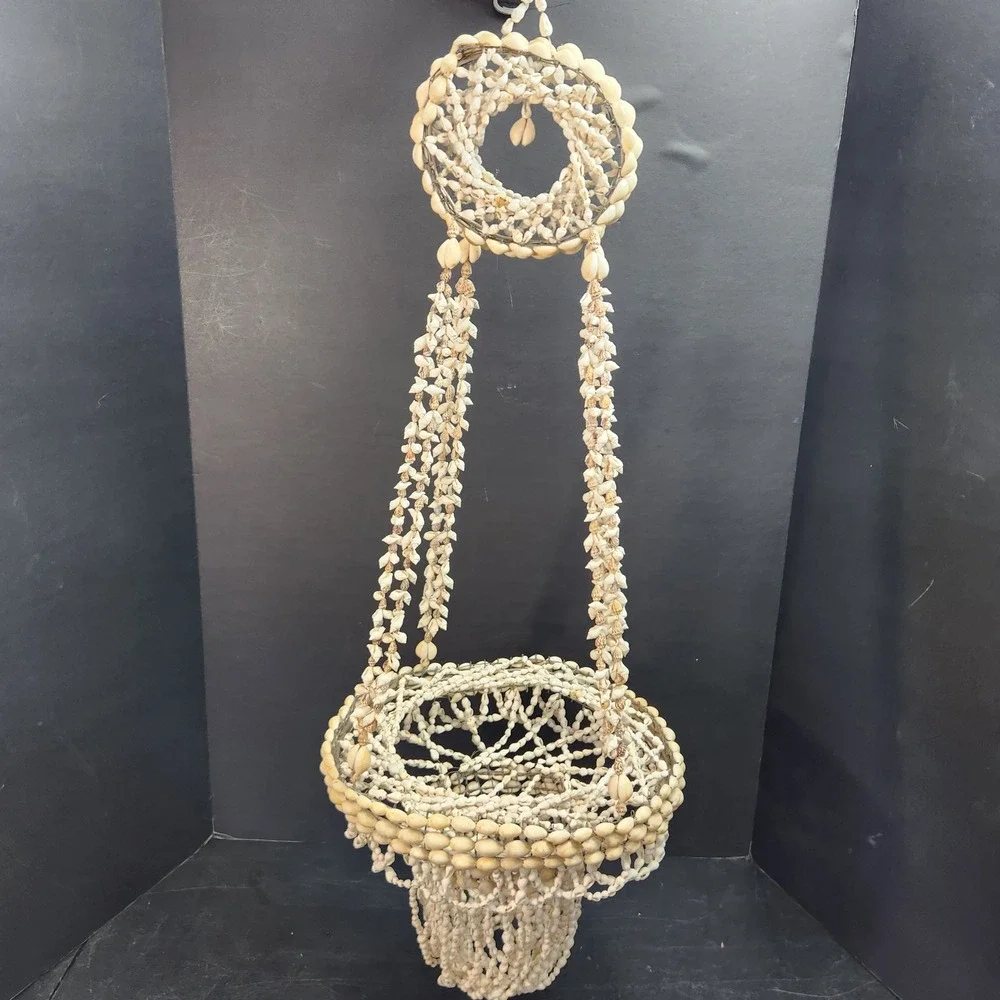 Vintage Boho Cowrie and Puka Sea Shell Hanging Plant Holder Basket 32 Inch